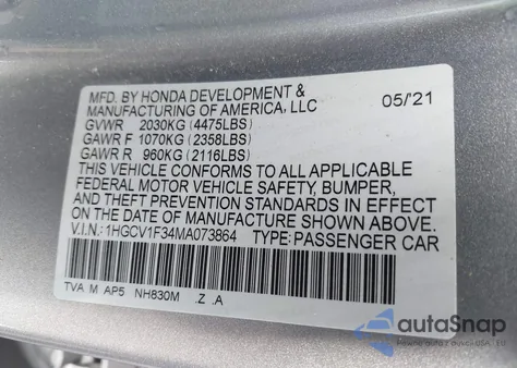 2021 Honda Accord Sport from USA, damaged, VIN 1HGCV1F34MA073864